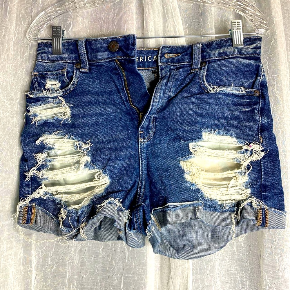 American Eagle distressed high waisted blue denim mom shorts